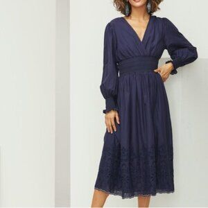 Roller Rabbit Luella Navy Blue V-Neck Eyelet Smocked Waist Midi Dress Sz XS